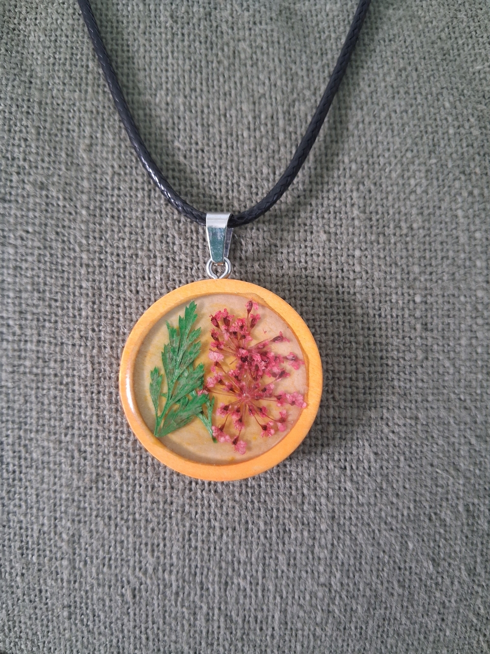 Handcrafted Pink Floral Resin Pendant Necklace - Yellow Frame
